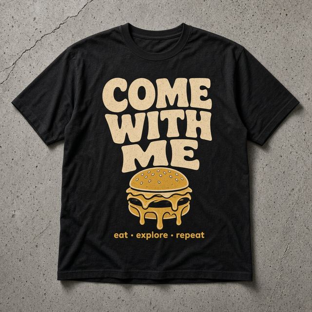 Come With Me shirt concept mockup: Eat. Explore. Repeat.